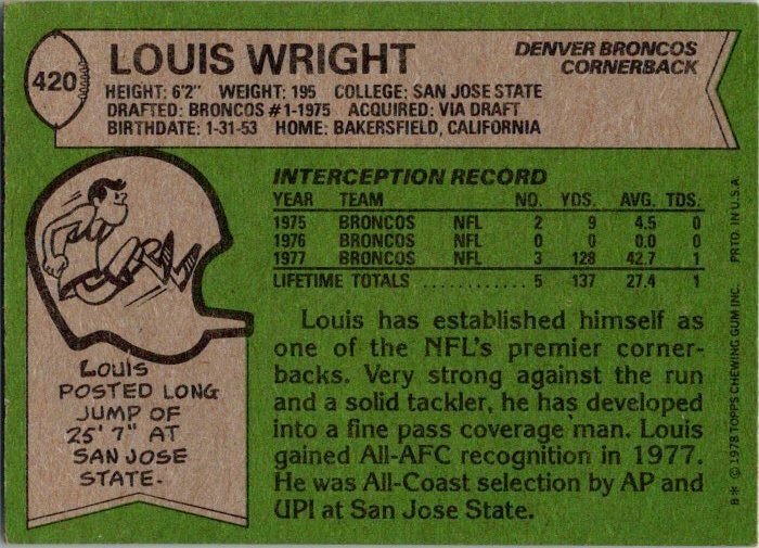1978 Topps Football Card Louis Wright Denver Broncos sk7080