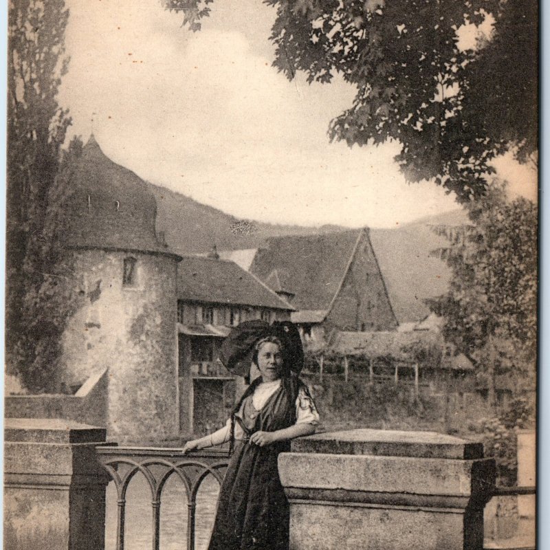 c1900s Thann, France Pont Bridge Alsace Cute Woman Traditional Dress House A351