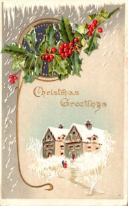 Christmas With Winter Scene and Holly 1910