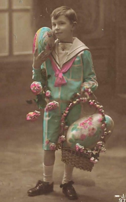 Easter Fantasy School Boy Suit Eggs Flowers Hand Tinted c1910 P62 G