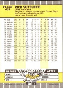 1989 Fleer Baseball Card Rick Sutcliffe Chicago Cubs sk21004