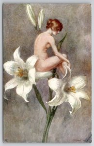 Fantasy Woman Sitting On Lily Risque Artist Signed Garden Nymph Postcard A38