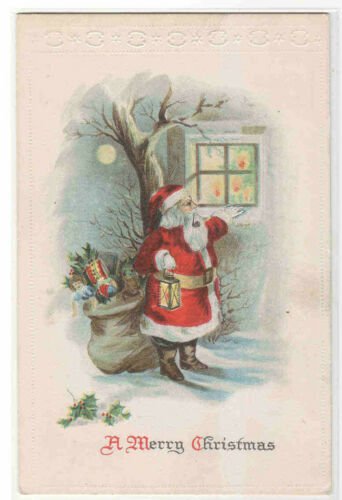 Santa Pipe Lamp Gift Bag Window Merry Christmas 1910c postcard 