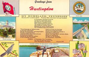 Tn, Tennessee  HUNTINGDON Greetings  FLAG~SEAL~SONG Carroll Co  c1950's Postcard