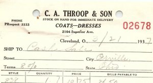 1937 C.A. THROOP & SON COATS-DRESSES CLEVELAND OHIO BILLHEAD STATEMENT Z1354