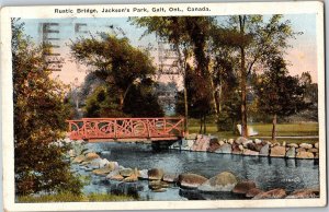 Postcard ON Galt Rustic Wooden Bridge in Jackson's Park 1928 K68