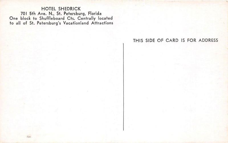 E18/ St Petersburg Florida Fl Postcard c1940s Hotel Shedrick Shuffleboard Autos