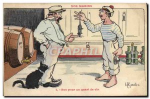 Postcard Old Gervese Illustrator Our Sailors Good for a quart of wine Cat Mouse