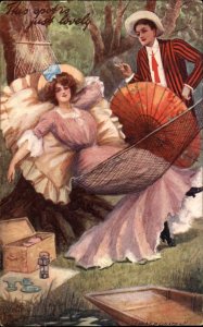 Tuck Beautiful Woman in Hammock Dapper Man Picnic Romance c1910 Postcard