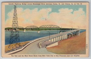 Clinton Iowa Lincoln Highway Bridge across Mississippi River Postcard D30