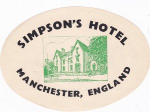 England Manchester Simpson's Hotel Vintage Luggage Label sk3479