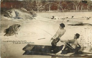 Martin Exxageration Photo Postcard Guys Fishing Giant Fish RPPC Exciting Time