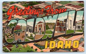 Large Letter Linen CALDWELL, Idaho ID ~ c1940s Canyon County - Art Tone Postcard