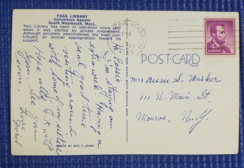 Vintage FOGG LIBRARY Columbian Square South Weymouth MA Massachusetts Postcard