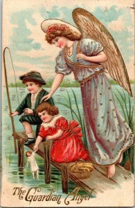 Early 1900s vintage embossed postcard Guardian Angel children fishing pier