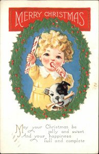 Christmas Children Girl with Dog Dog Bone Wreath Embossed c1900s-10s Postcard