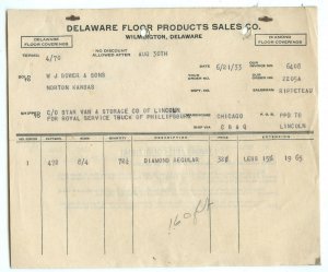 Delaware Floor Products Sales Co. Wilmington Delaware Vintage 6/21/33 Invoice