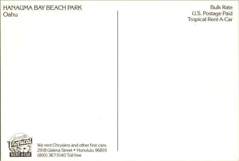 Hanauma Bay Beach Park, Oahu HI Postcard I61