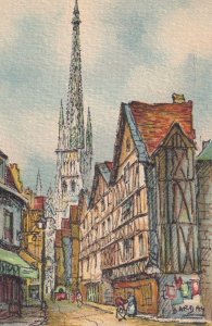 Rouen La Rue De L'Epicerie Antique Linen French Painting Postcard