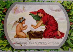 Cherub Angel With Wings Christmas Postcard Fantasy Open Fire On Snow Holly 1909