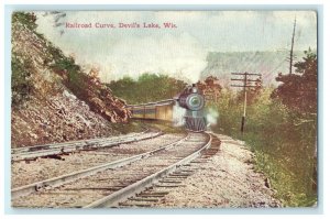 c1916 Railroad Train Curve Devil's Lake Wisconsin WI Antique Postcard