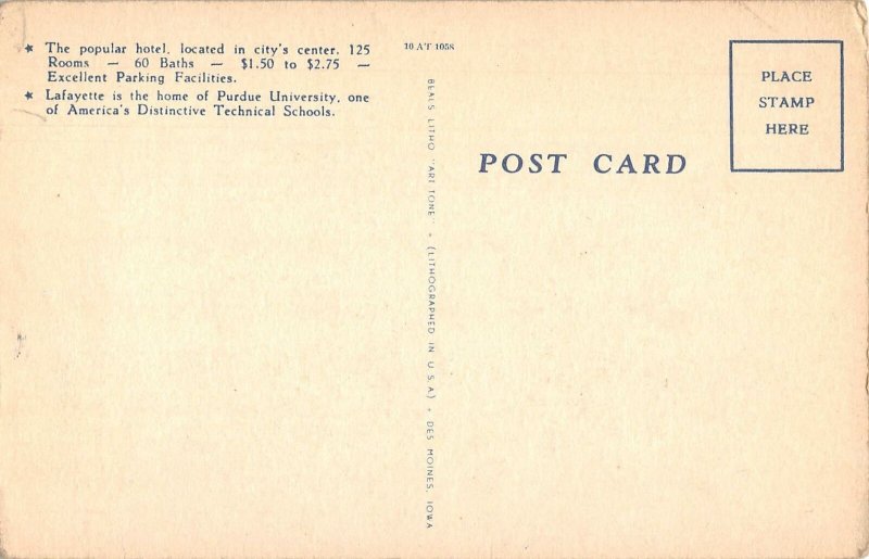Lafayette Indiana The Lahr Hotel Vintage Postcard AA39689