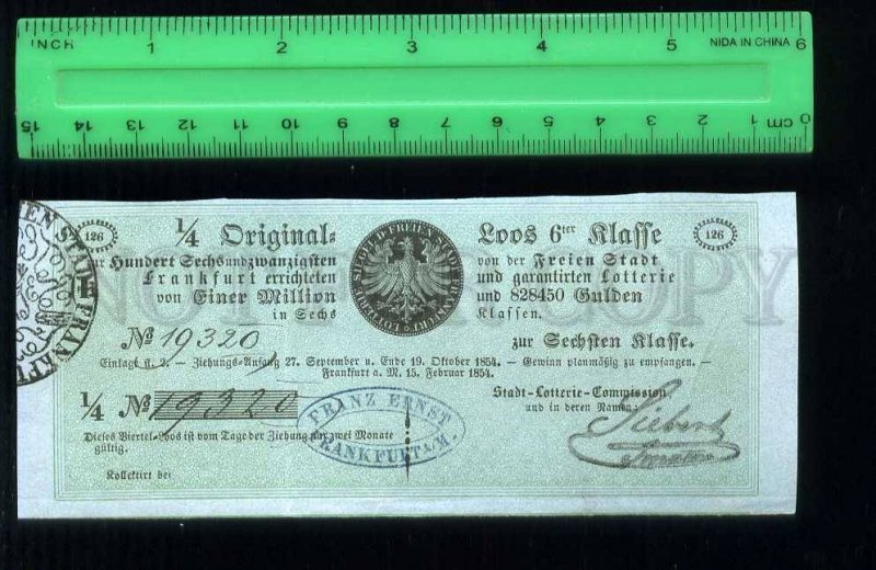 255278 GERMANY FRANKFURT City lottery loan ticket 1854 year