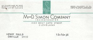 1936 M AND D SIMON CO TYBEST SCARF SINCERE SHIRT CLEVELAND BILLHEAD INVOICE Z579