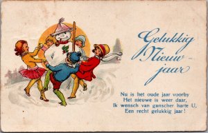 Happy New Year Snowman With Children Vintage Postcard C113