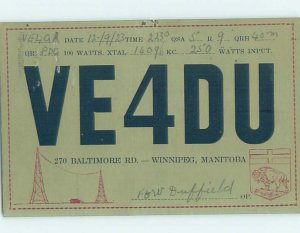 1920s RADIO CARD - CB HAM OR QSL Winnipeg Manitoba MB AH3139