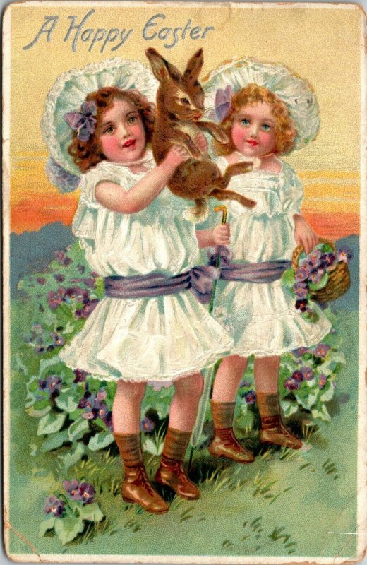 Vintage Easter Postcard A HAPPY EASTER Bunny Rabbit Easter Eggs girls TUCK