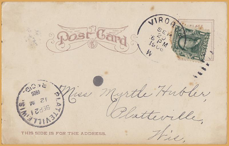 Viroqua, Wis., Monument Rock with graffiti & advertising, man out front - 1908