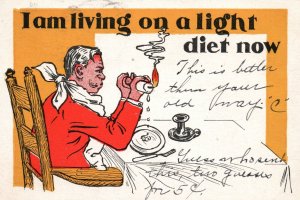 Vintage Postcard 1907 I Am Living On A Light Diet Now Man Melting Candle Comics