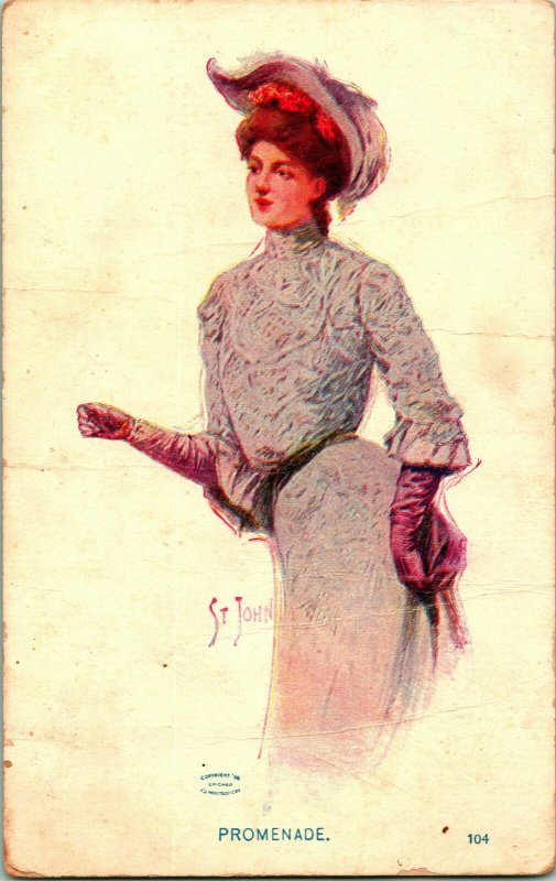 Vintage Postcard Signed St John Promade Victorian Woman In White Dress And Hat Asia And Middle