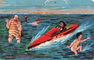 MAN DRIVING EARLY MOTOR POWER SPEED BOAT-SCARES NAKED SWIMMER~1908 POSTCARD