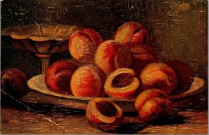 Postcard Still Life Painting Peaches Fruit on Plate Germany