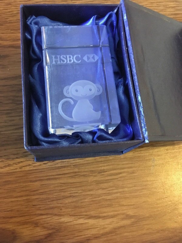 Vintage HSBC Bank Monkey Advertising Glass Crystal Paperweight w/ original box