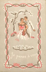 Embossed drawn couple greetings postcard France illustrator Luce Andre patterns