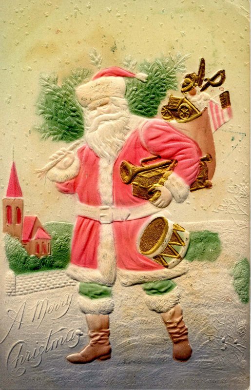 Greeting - Christmas. Santa Claus. Pink Coat, Green Pants, Heavily Embossed