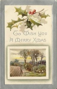 Holly Berries and Winter Scene Serene Country Vintage Postcard Christmas Card