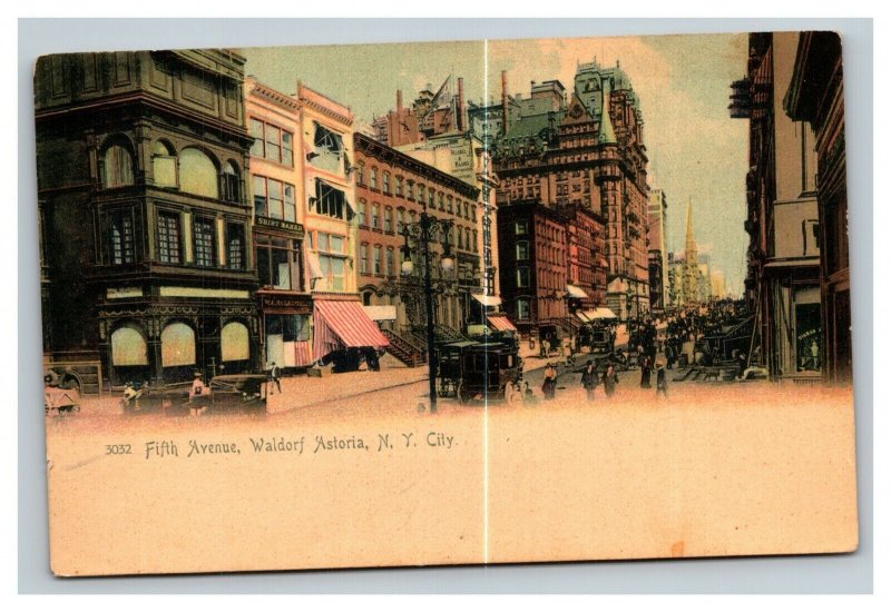 Vintage 1900's Postcard Fifth Avenue Waldorf Astoria Antique Buggies New York 