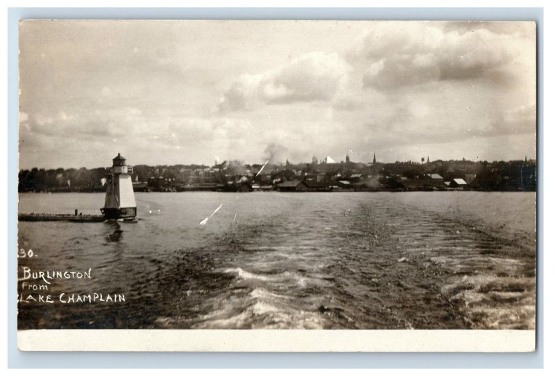 C1910 RPPC Burlington View From Lake Light House Postcard F112E