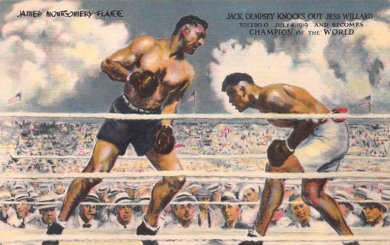 Jack Dempsey Knocks Out Jess Willard in 1919, Early Linen Postcard