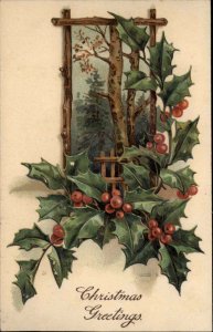 Christmas Trees Holly Embossed PFB c1900s-20s Postcard
