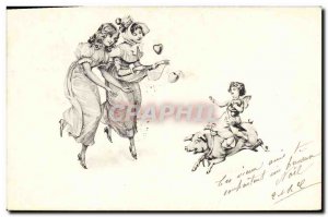 Old Postcard Fantasy Illustrator Women Angel Pig Pig