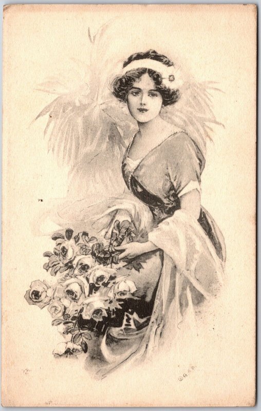 1913 Elegant Woman Holding Boquet Of Flowers Posted Postcard