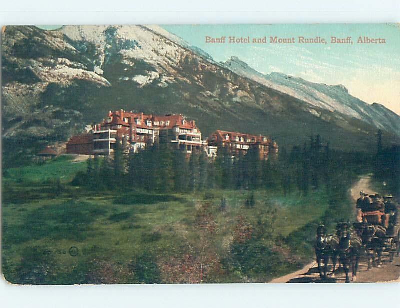 Divided-Back TEAM OF HORSES PULLS WAGON AT BANFF HOTEL Banff Alberta AB B3242