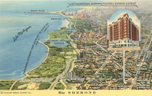 Postcard Illinois Chicago The Sherone Hotel aerial View linen Teich 23-848