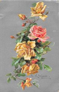 Greetings Pink and Yellow Roses Signed Klein Antique Postcard J52284 