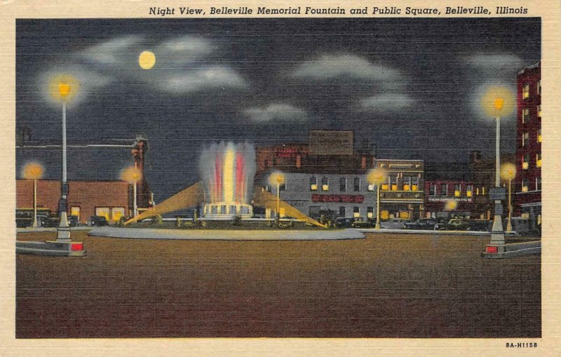 Night View, Belleville Memorial Fountain & Public Square, IL c1940s Postcard